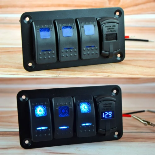 Блок перемикачів 3 клавіші, з підсвічуванням клавіш, 2-виходи USB + Вольтметр 12.5см*6.5см