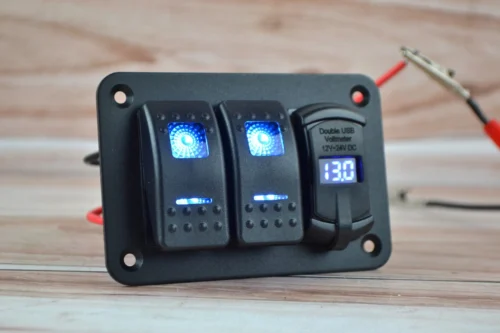 Блок перемикачів 2 клавіші, з підсвічуванням клавіш, 2-виходи USB + Вольтметр (10см*6.5см)
