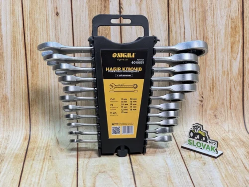 Ключі ріжково-накидні з тріскачкою Sigma 11 шт 8-19 мм CrV satine (Планшет)