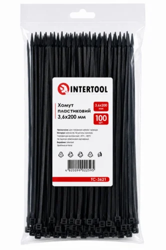 Хомут пластиковий 200 x 3,6  чорний  Intertool TC-3621