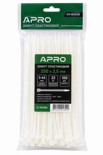 Хомут пластиковий 250 x 2,5  білий, d 3-65мм, 22кг  Apro CT-W3250
