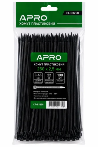 Хомут пластиковий 250 x 2,5  чорний, d 3-65мм, 22кг  Apro CT-B3250