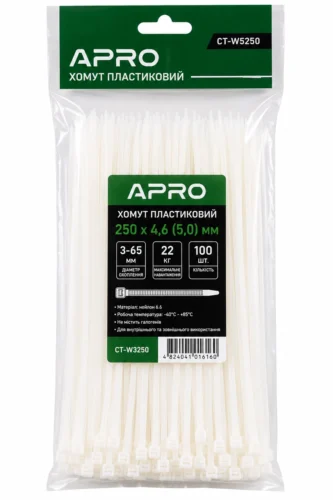 Хомут пластиковий 250 x 4,6 (5,0)  білий, d 3-65мм, 22кг  Apro CT-W5250