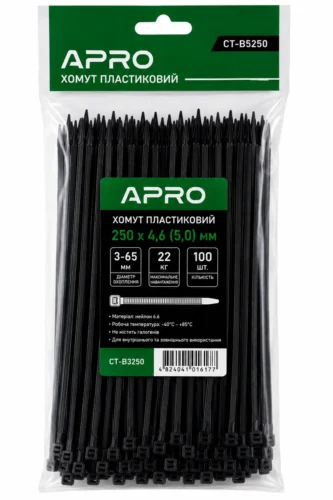 Хомут пластиковий 250 x 4,6 (5,0)  чорний, d 3-65мм, 22кг  Apro CT-B5250