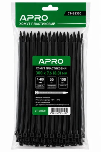 Хомут пластиковий 300 x 7,6 (8,0)  чорний, d 4-80мм, 55кг  Apro CT-B8300