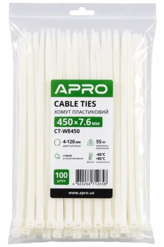 Хомут пластиковий 450 x 7,6  білий, d 4-120мм, 55кг  Apro CT-W8450