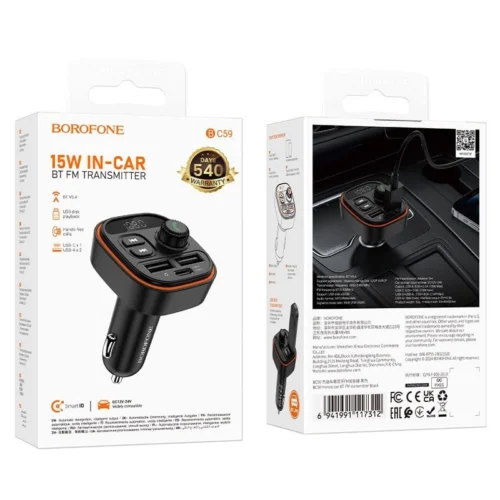 FM модулятор Borofone BC59 2USB/MP3/12-24В/microSD/USB 3,0А 15W/Type-C/Bluet. 5, LED (6941991117312)