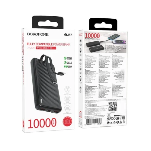 Повербанк 10000 mAh, 2 USB+Type-C/MicroUSB/iPhone, індикатор заряд, 22,5W, чор. BJ57 (6941991111846)