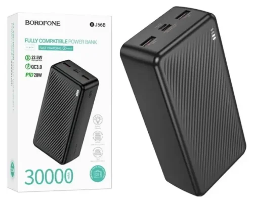 Повербанк 30000 mAh, 2 USB+Type-C/MicroUSB, індикатор заряд, 20W, чор. BJ56B (6941991116445)